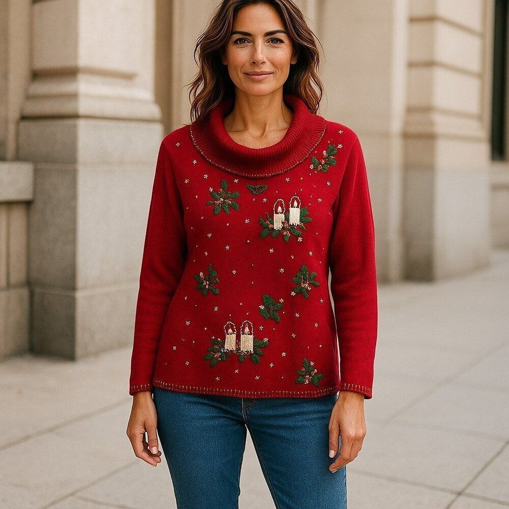 Victoria Jones Large Red Knit Christmas Candles Embroidered Cowl Neck Sweater